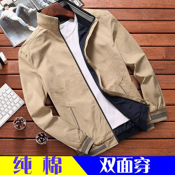 

pure cotton double-sided wear spring new style coat men's spring and autumn greenish blue middle-aged loose-fit dad workwear top, Black;brown