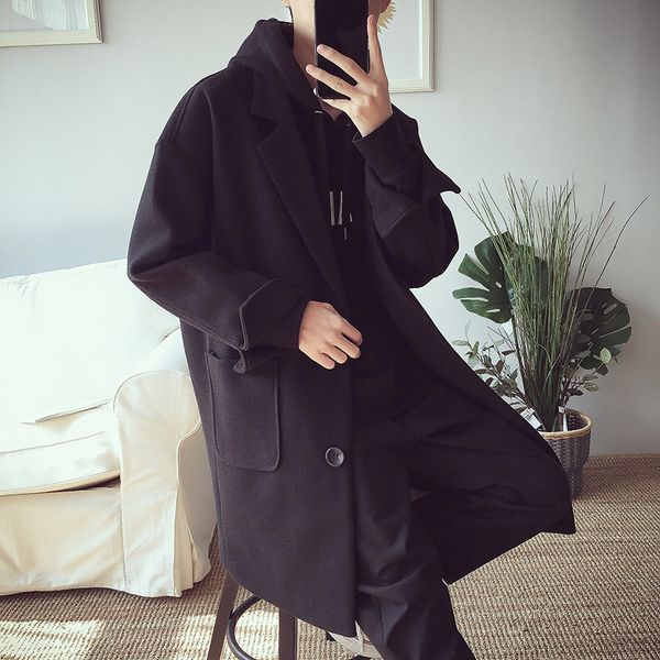 

корейские новая негабаритные длинные пальто для мужчин шерсти бленды casaco теплого зима мужчину для mens шинели нагрудного воротника однобо, Black