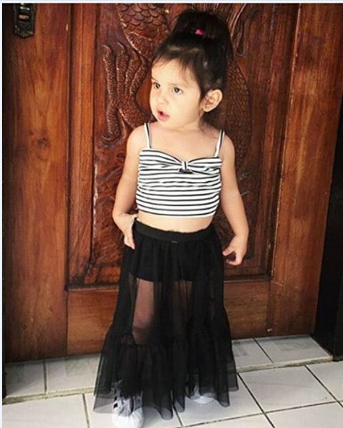 

retail baby tracksuit letter print 2 pieces skirt set girls striped bow tube black lace dress outfits kids designer clothes, White