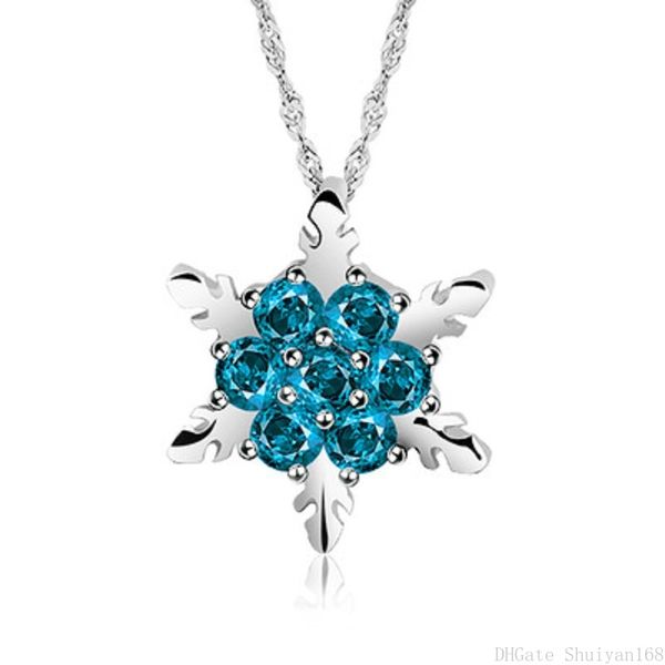 

blue crystal snowflake pendant necklaces zircon classic flower sweater necklace for women statement jewelry wholesale christmas gift, Silver