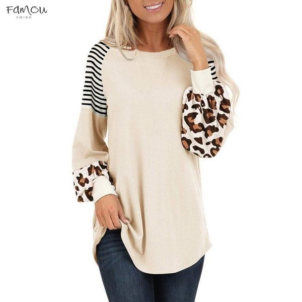 

leopard elegant womens tshirt blusas long lantern sleeve stripe patchwork casual colorblock lantern sleeve clothes blusas shirts, White