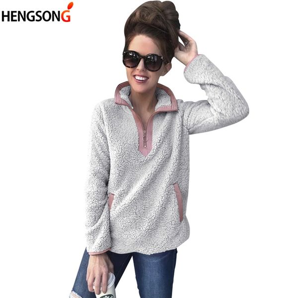 

plush hoodies sweatshirt women autumn winter warm patchwork long sleeve pullovers fluffy lapel hoody with zipper, Black