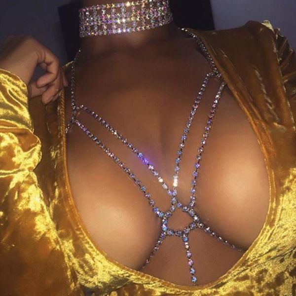 

exclusive rhinestone circle cross body chain bra necklace bra for women bling crystal chest chain breast body jewelry, Slivery;golden