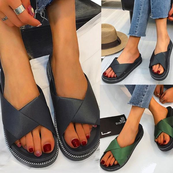 

chinelo slippers women shoes woman's fashion sewing leather slip on cross open toe beach slippers shoes chaussures femme, Black