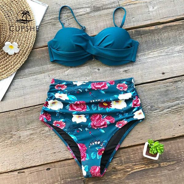 

cupshe blue floral high waist bikini sets women moulded cup push up two pieces swimsuits 2019 girl beach bathing suit