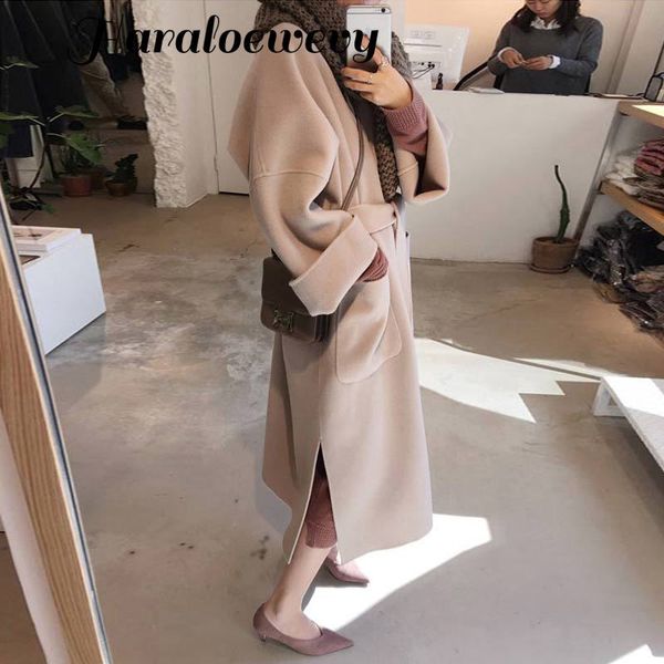 

fashion solid women long cashmer coat loose office lady women's woolen jacket pockets coat and jacket, Black