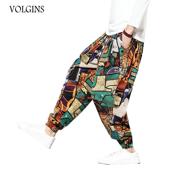 

men's pants streetwear male casual chinese style cotton linen trousers man summer elastic waist bloomers harem drop, Black