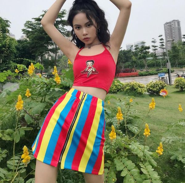 

new fashion color strip zipper waist a word skirt, Black