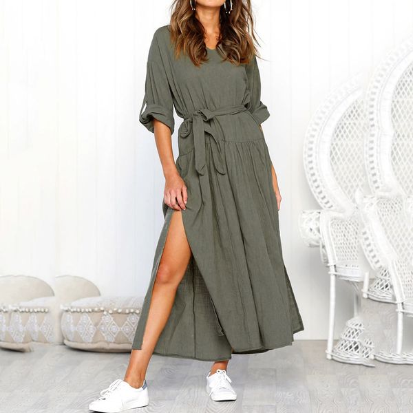 

2019 women's dresses spring long sleeve v neck split dress female summer dress casual loose maxi dresses vestido plus size, Black;gray