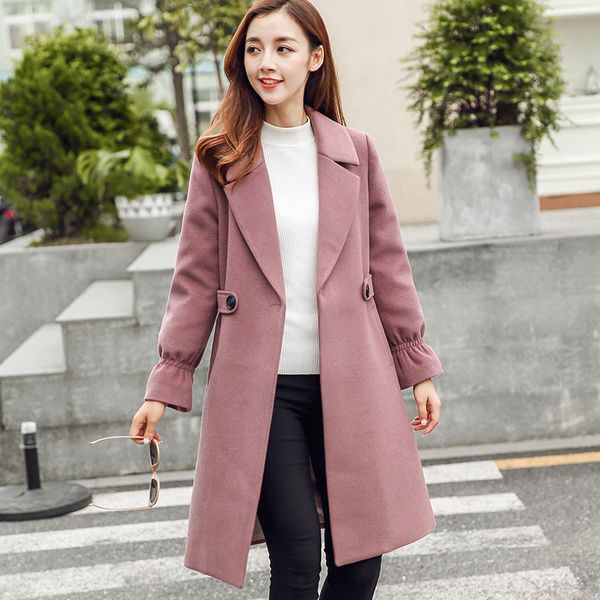 

sweet slim solid long woolen winter coats turn-down collar wool coat and jacket single button pockets ladies coats, Black