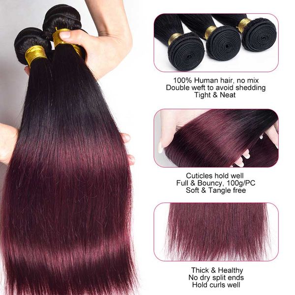 

ombre малазийской прямые волосы 1b / 99j ombre burgundy straight человеческих пучки волос 3 шт ombre малазийского волос пучки бесплатная дос, Black