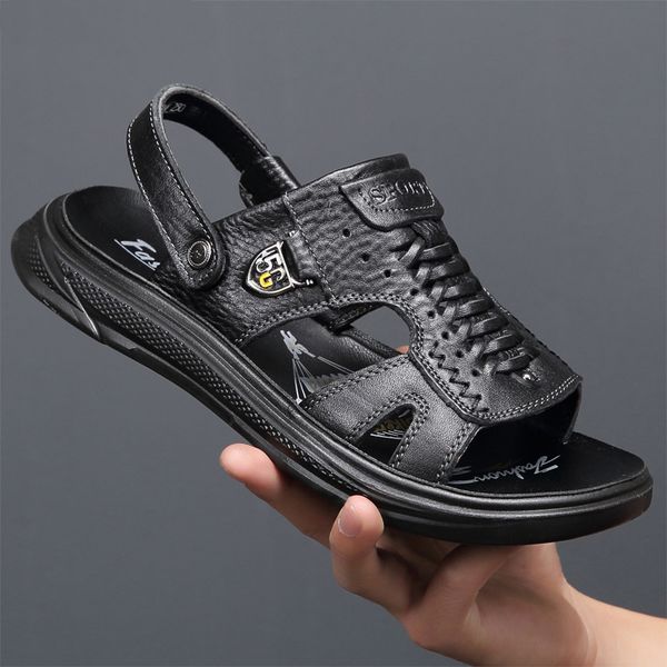 

summer fashion men beach sandals genuine leather breathable leather men sandals shoes new soft male sandals k850g, Black