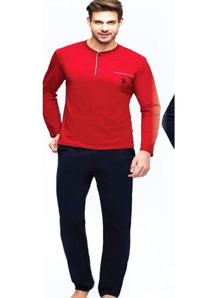 

сша assn men «s с длинным рукавом хлопок пижамы набор с карманами спереди o-neck button 2 parça us.01.17384, Black;brown