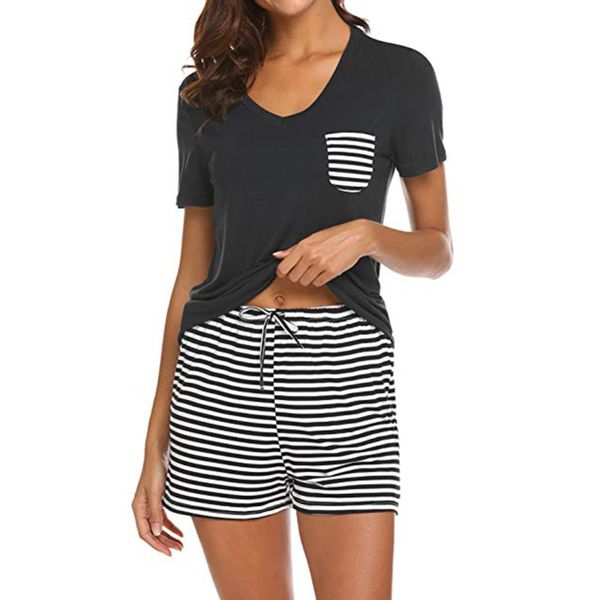 

2019 new summer sleepwear set women's pajama set striped short sleeve sleepwear sets home nightwear sleepsuit, Blue;gray
