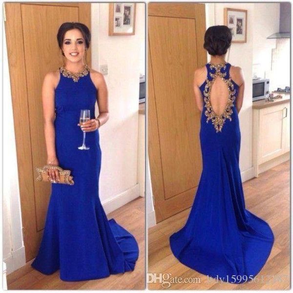 

royal blue mermaid prom dresses 2019 new gold beaded back sheer crew neck sleeveless long evening dress vestido de festa 160, Black;red