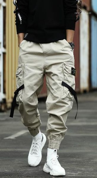 

fashion pocket patchwork drawstring pants fitness mens trousers hip hop clothing mens cargo pants, Black