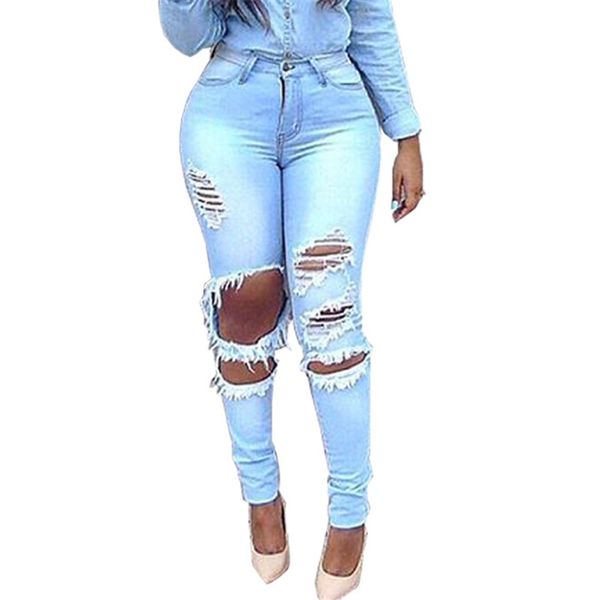 

women pencil jeans ripped hole women jeans washed denim pantshigh waist skinny trousers plus size, Blue