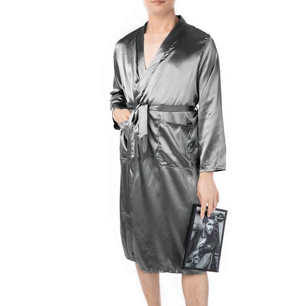 

men's pajamas gray bathrobes smooth fabric long-sleeved lapel straps solid color men's long silk nightgown pajamas, Black;brown