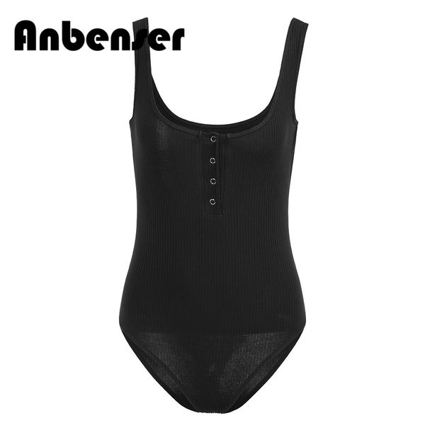 

anbenser ribbed knitted bodysuits women black sleeveless summer slim rompers womens jumpsuit with v-neck womens, Black;white