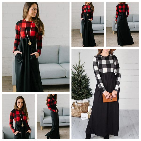 

women plaid patchwork maxi dress spring autumn o-neck long sleeve skater party buffalo dresses with poket ljja3577-11, White;black