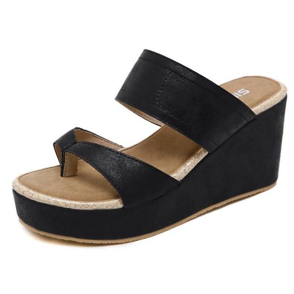 

sandals women flat shoes woven wedge ladies beach summer slingback flipflops, Black