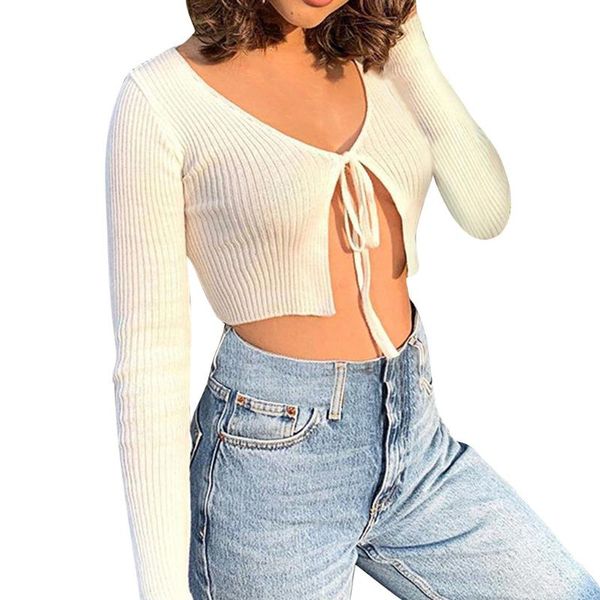 

tie knot blouse women autumn long sleeve fashion shirt solid color casual easy short high street loose t blusa femme, White