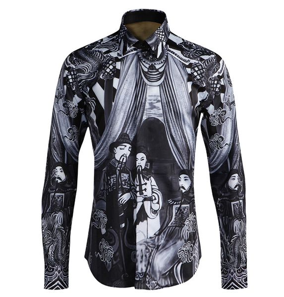 

minglu shirt men luxury allover printed long sleeve men shirt slim fit mens dress shirts plus size 4xl chinese style shirts man, White;black