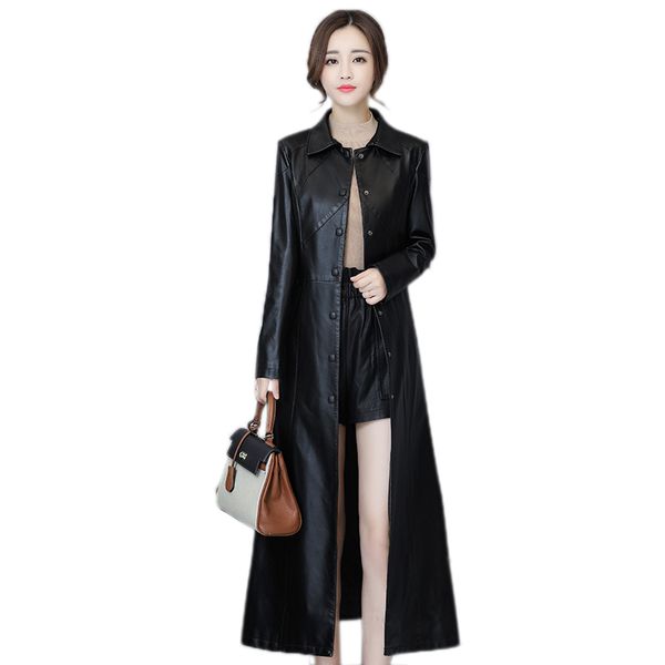 

spring autumn new faux soft leather jacket women fashion plus size turn collar black long leather coat ladies casual outerwear