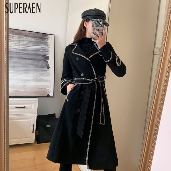 

superaen 2020 новая осень и зима пальто для женщин сплошной цвет дикого вскользь женская ветровка мода женская одежда, Tan;black