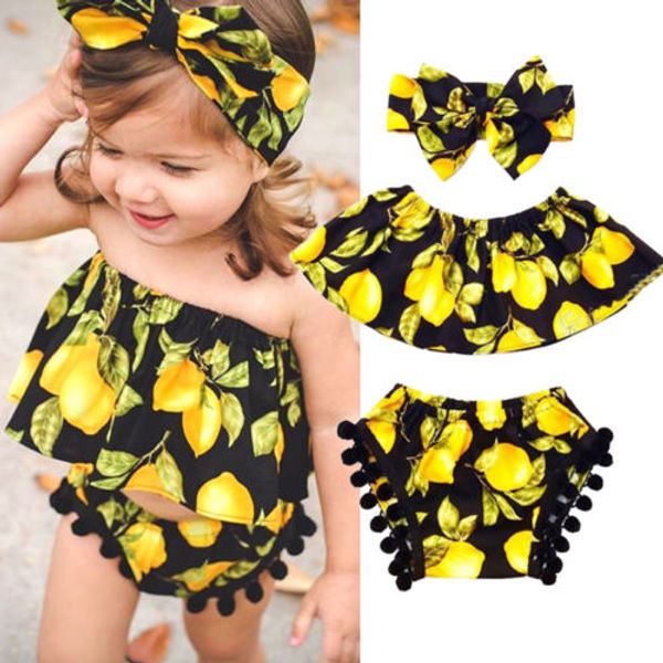 

tassels baby newborn girl outfit lemon print off shoulder tank high waist tassel short headbands 4pcs summer clothes, Pink;blue