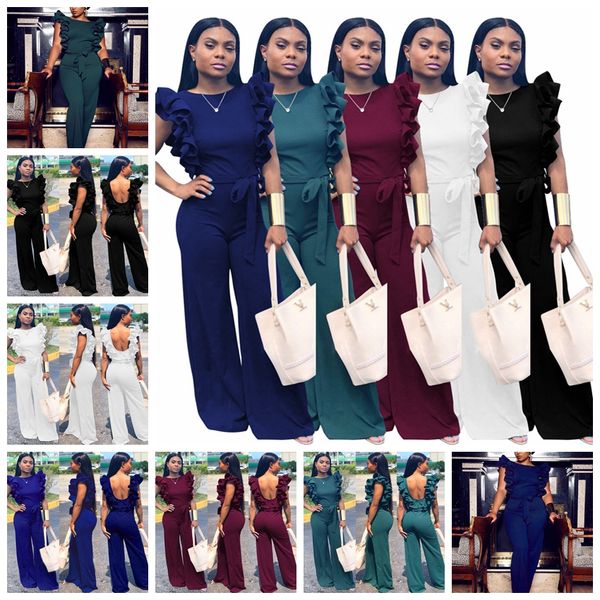 

2020 european fashion spring and summer new ruffled sleeves open back solid color jumpsuit wide-leg pants, support mixed batch, Black;white