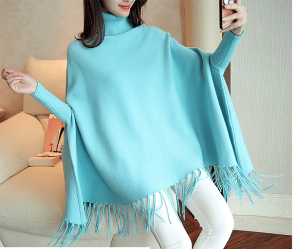 

hebaoli high-collar national style loose shawl cloak with tassel knitted sweater for western women random one silk scarf, Black