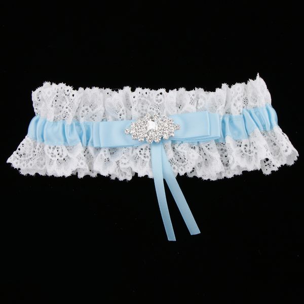 

satin ribbon lace crystal flower prom wedding bridal garter with bowknot, White