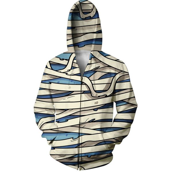 

harajuku style sick mummy men zipper hoodie funny halloween costume zombie bandage 3d pullover cool outerwear hooded sweatshirts, Black