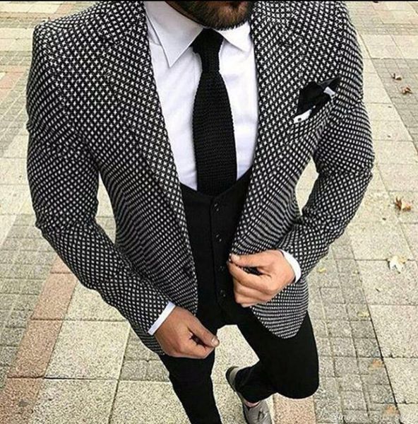 

mens checkered suit houndstooth custom made men dress suits,tailored casual men suits duotone weave hounds tooth check 3 pieces, White;black