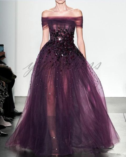 

purple elie saab 2019 prom dresses off shoulder lace beads sequined tulle evening gowns plus size formal party dress abendkleider, Black
