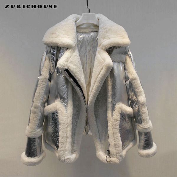 Damen Daunenparkas ZURICHOUSE Europäisches Design Silber Daunenmantel Frau Winter Hochwertige echte Lammwolle Splice Warm Parka Jacke weiblich