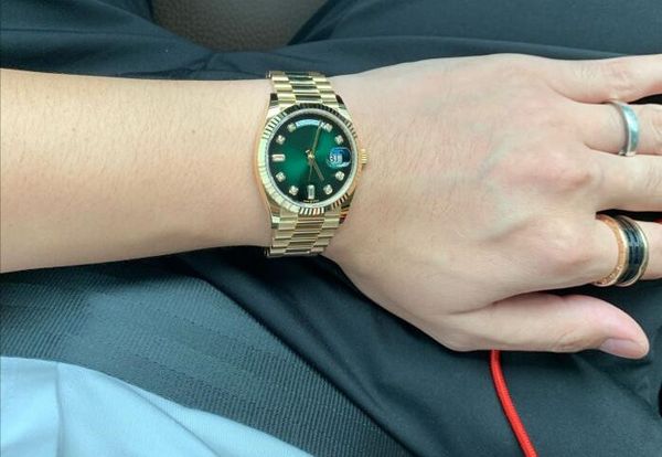 

new luxury watch lady 36mm 128235 128238 gold steel bracelet green brown dial triangle pit pattern automatic women wristwatch, Slivery;brown