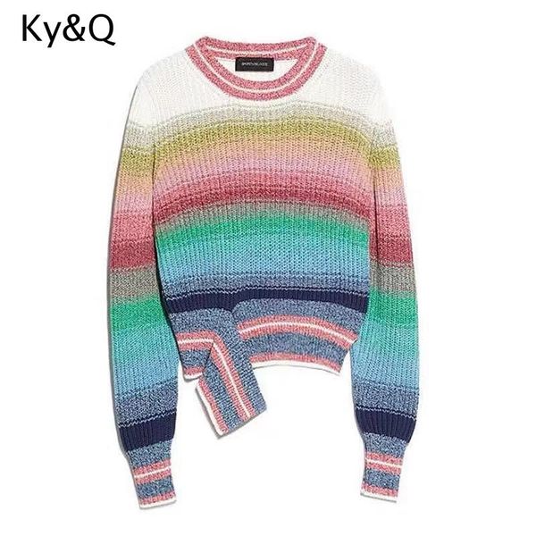 

women chic brands design rainbow gradient contrast color stitching wild 2019 new loose sweater, White;black