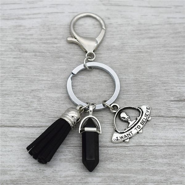 

10pcs/lot wholesale tassel key chain natural stone keychain jewelry spaceship alien ufo pendant women men unique key holder, Silver