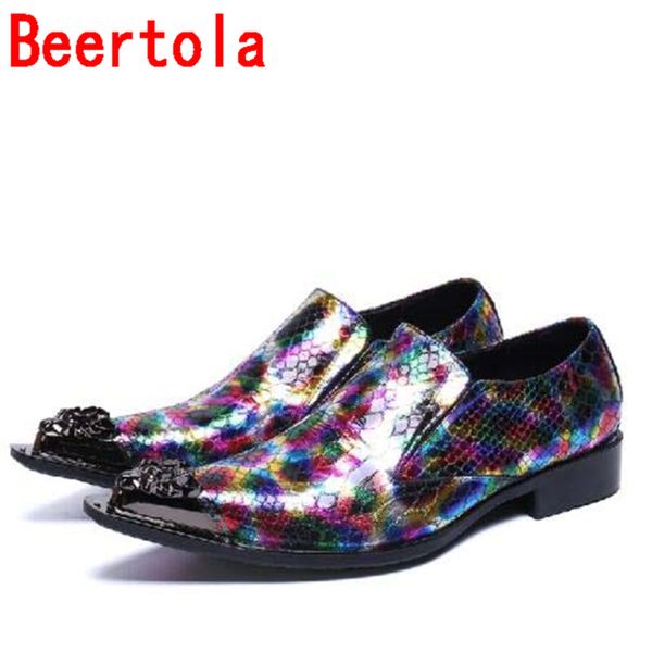 

2020 genuine leather metal head men's dress shoes pointed toe shoes men colorful fashion noble wedding flats masculine, Black