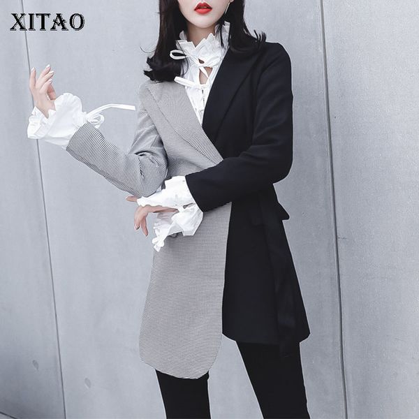 

xitao tide two-tone patchwork irregular blazer women suit collar single breasted belt medium length coat fashion gcc1155, White;black