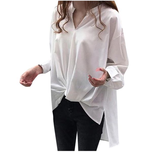 

women plus size casual solid blouse v-neck loose shirt button long sleeve 2019 autumn winter women girls oversize, White