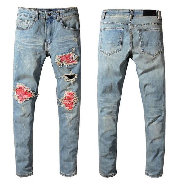 

brand jeans mens distressed ripped biker jeans slim fit motorcycle biker denim fashion designer pants hip hop mens jeans, Blue