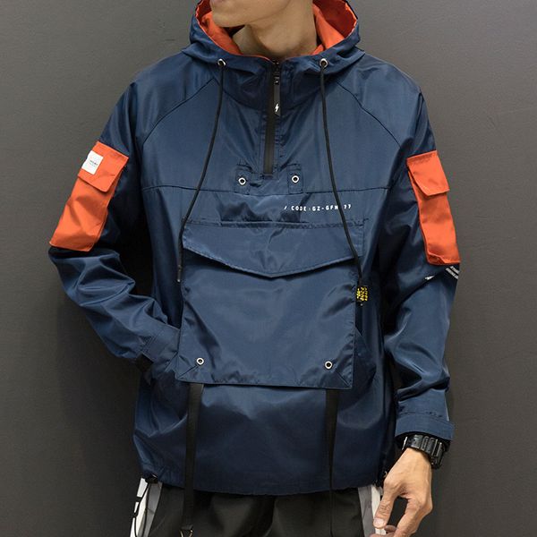 

hip hop casual windbreaker coat men harajuku japanese streetwear front pocket pullover jackets men autumn hoodie streetshirt, Black;brown