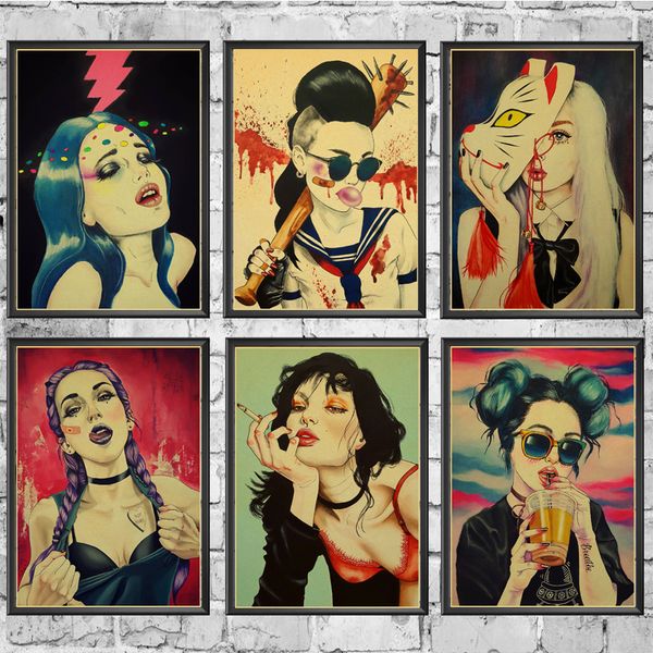 

girl retro poster prints wall stickers for living room home decoration