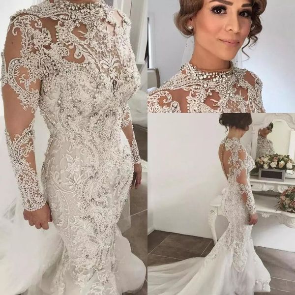 

designer bling bling beaded wedding dresses mermaid high neckline long sleeves sweep train bridal gowns custom made bohemian wedding dress, White