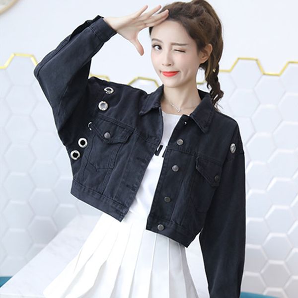 

tyhru jean jacket women mini crop denim jackets metal with hole vintage casual loose coat women chaqueta mujer, Black;brown