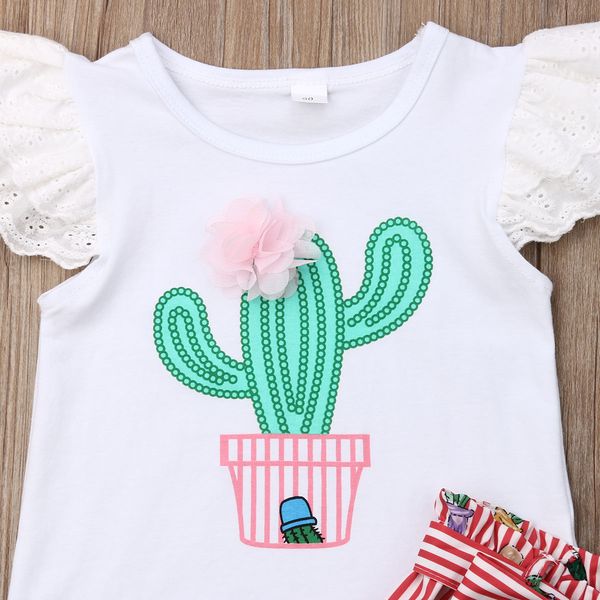 

1-5y summer kids baby girl lace fly sleeve cactus t-shirt striped floral high waist shorts 2pcs outfits girls clothing set, White