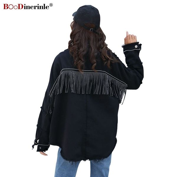 

boodinerinle women's denim jacket streetwear black denim jacket plus size casual loose tassel jena autumn women coat 2019, Black;brown